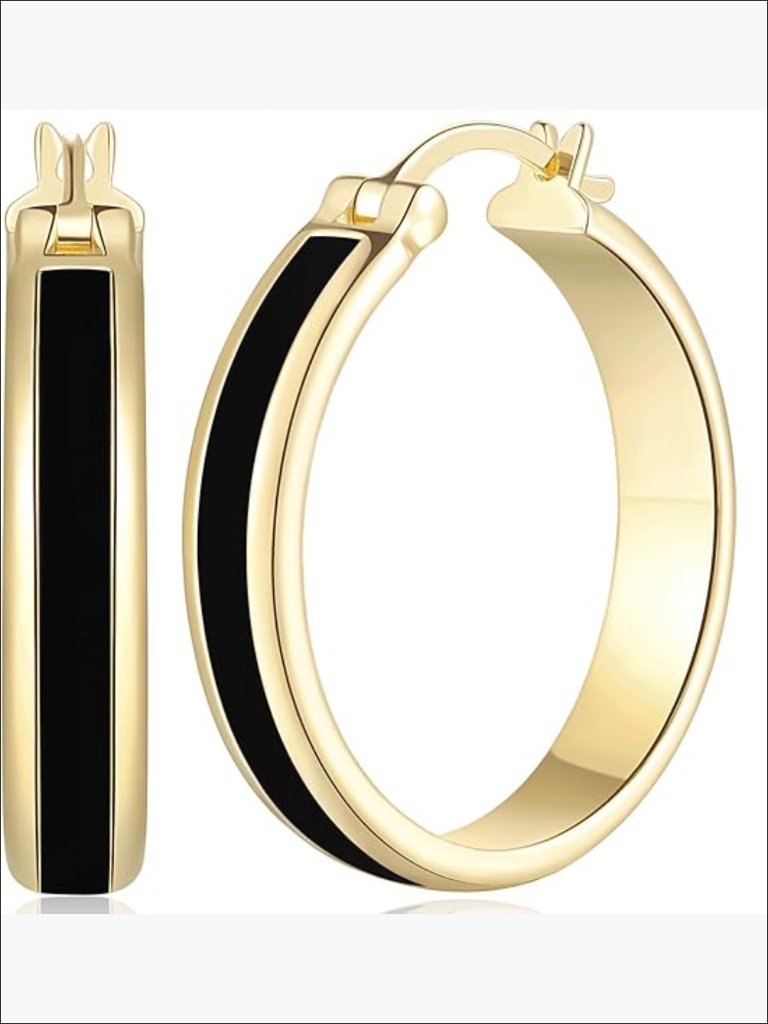 14k Gold Hoop Earrings With Black Surface Anti-Tarnish Width Design 30mm